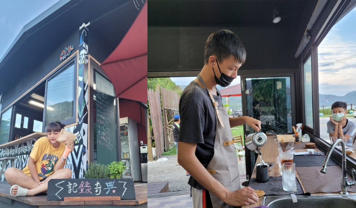 青年到訪祝福圖騰裝置藝術咖啡小鋪與小兒子工作照。（受訪者提供）